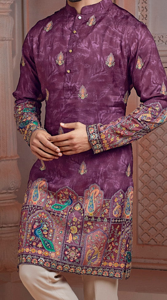 Lovender colour Natural soft silk Daman kurta set with golden Zari & corded embroidery