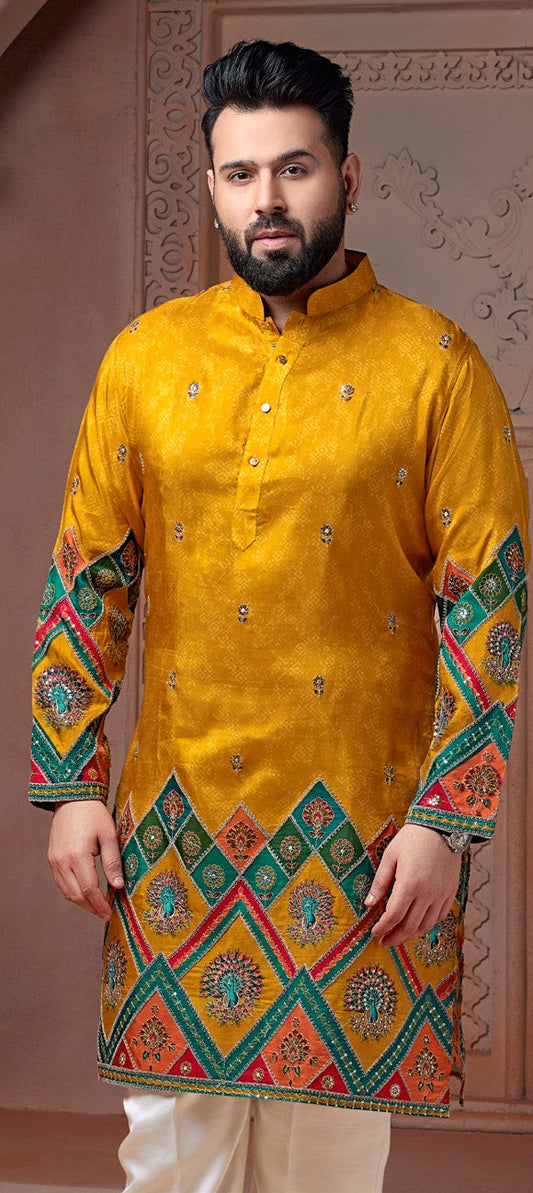 Musturd colour Natural soft silk Daman kurta set with texture & golden embroidery