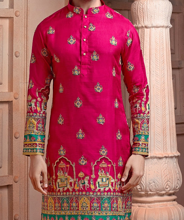 Rani colour Natural soft silk kurta set with golden Zari & corded embroidery