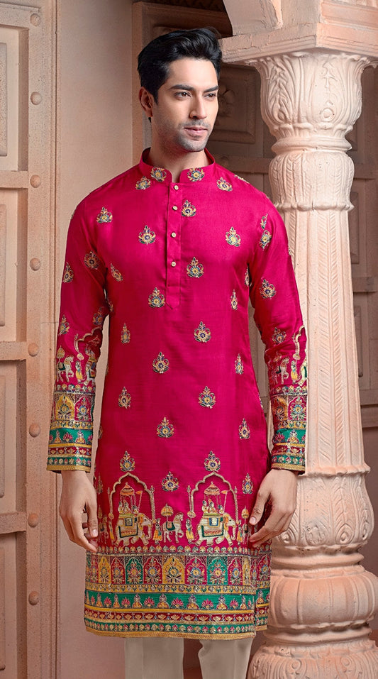 Rani colour Natural soft silk kurta set with golden Zari & corded embroidery