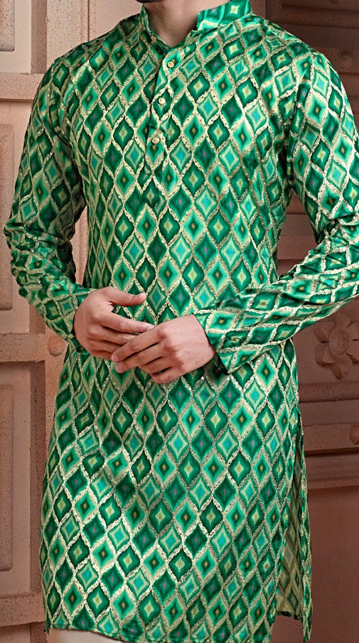 Forest Green Natural soft silk kurta set with golden embroidery