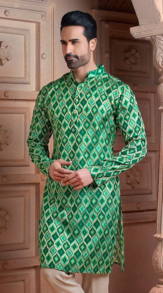 Forest Green Natural soft silk kurta set with golden embroidery