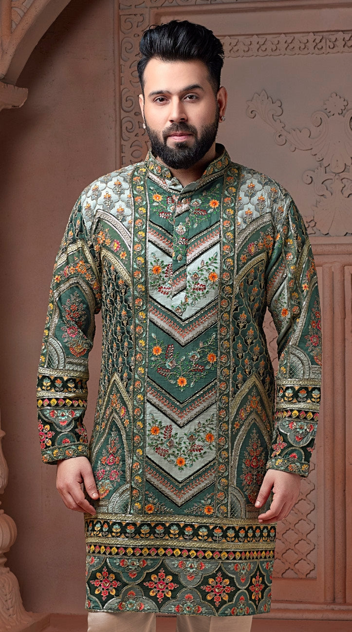 Pista Green colour Natural soft silk kurta set with golden Zari & corded embroidery