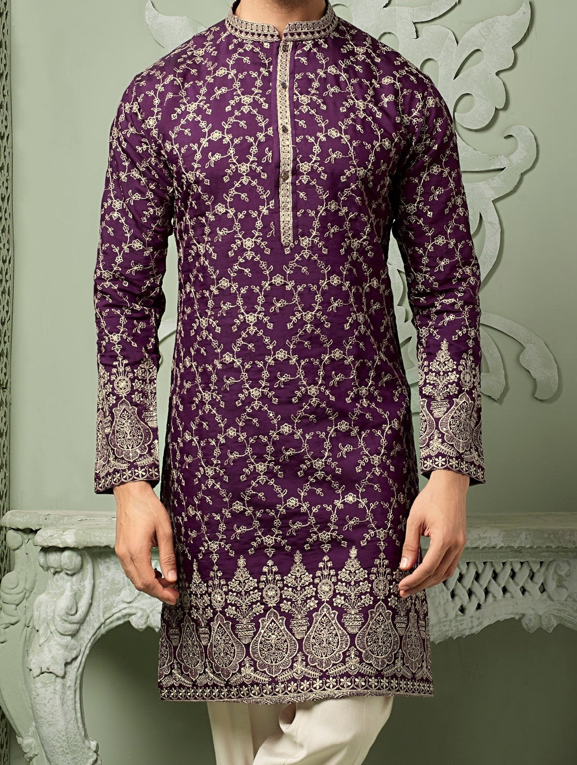 Lovender silk Kurta set with all over threaded Daman & embroidery work