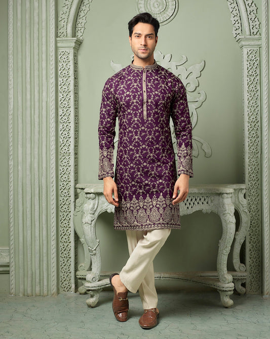 Lovender silk Kurta set with all over threaded Daman & embroidery work