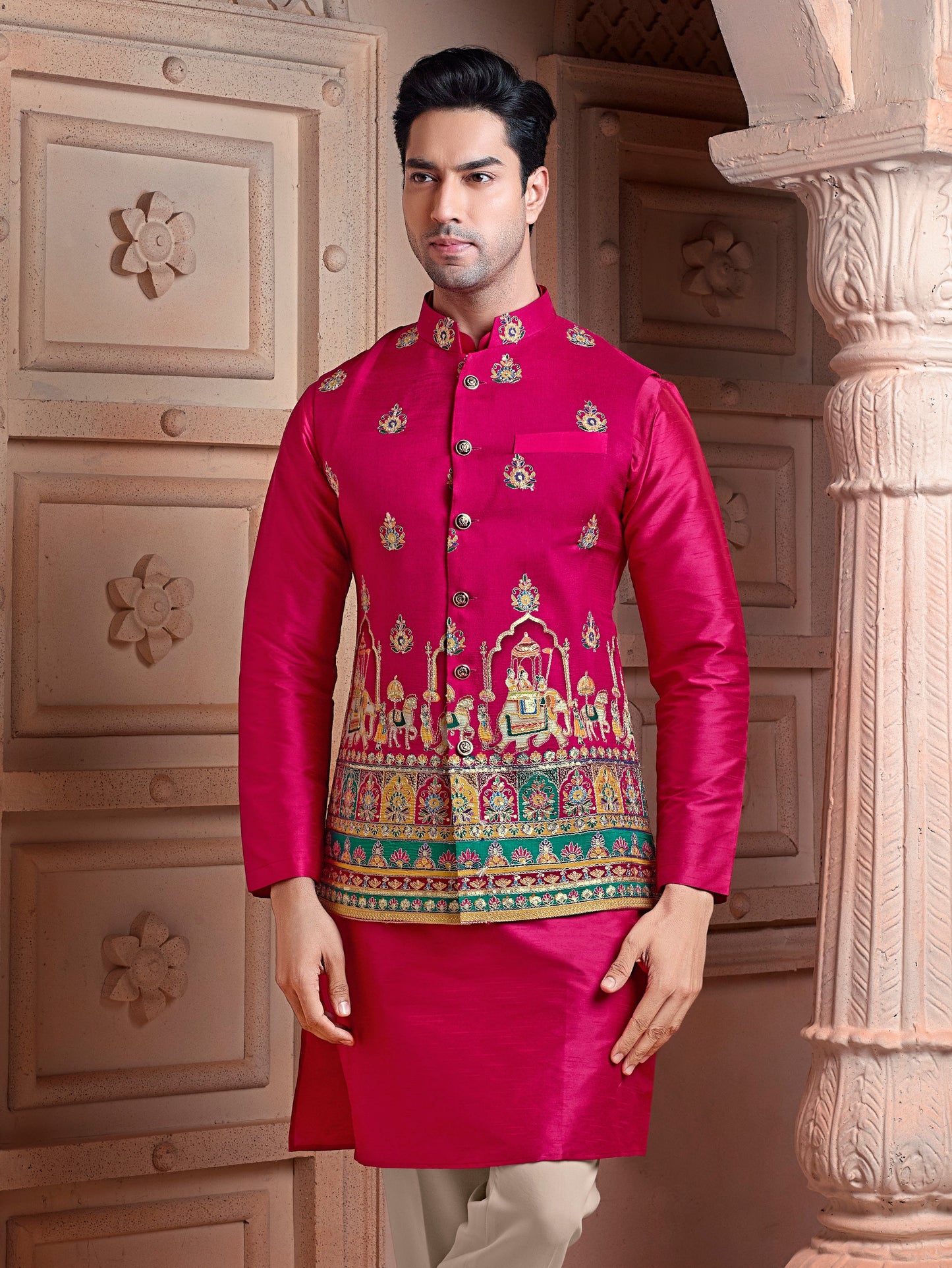 Rani colour Natural soft silk Koti with golden Zari  & corded embroidery and Plain Kurta set