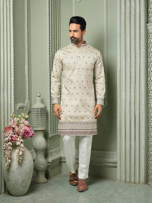 Off white silk kurta set with threaded embroidery work