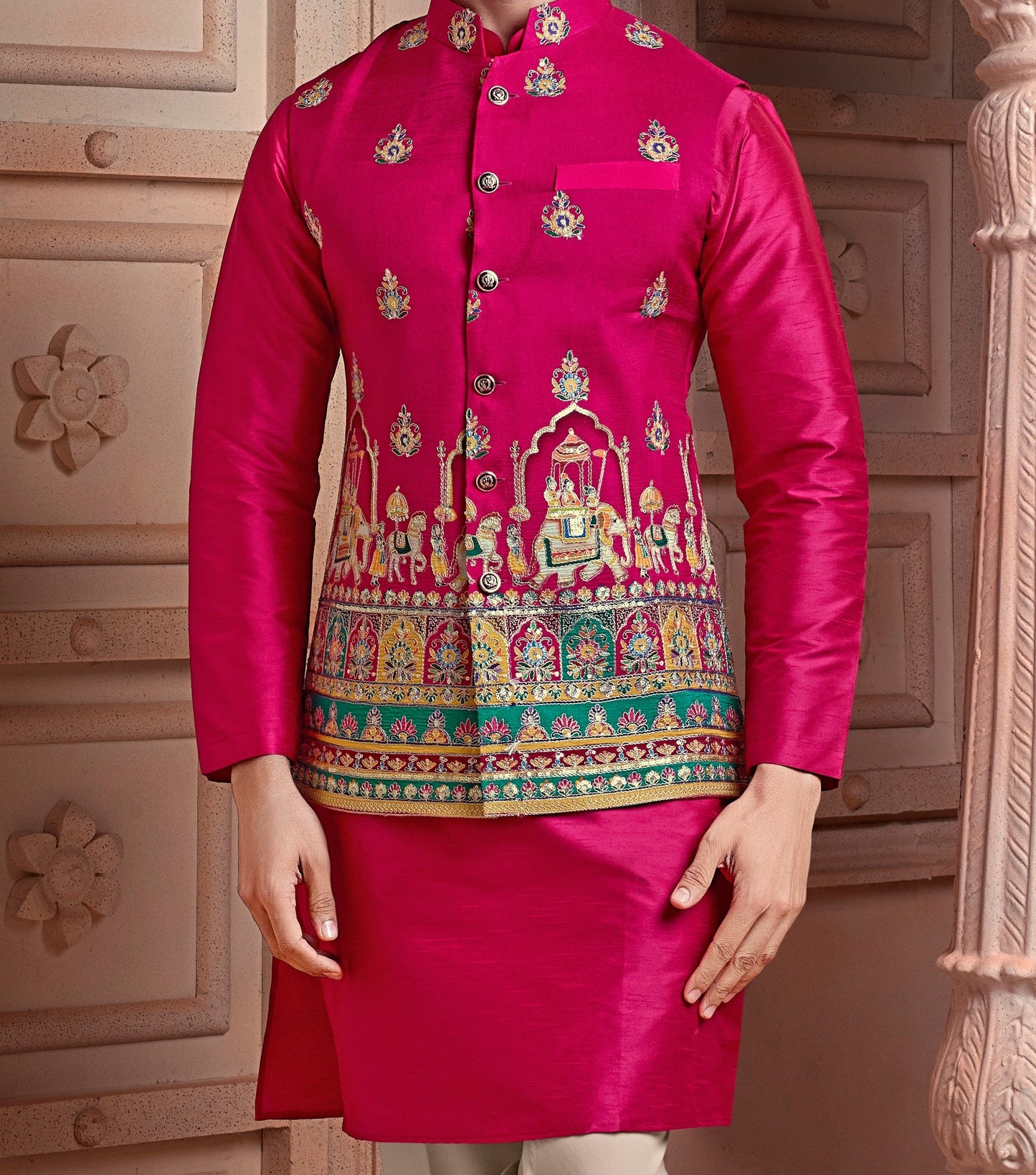 Rani colour Natural soft silk Koti with golden Zari  & corded embroidery and Plain Kurta set