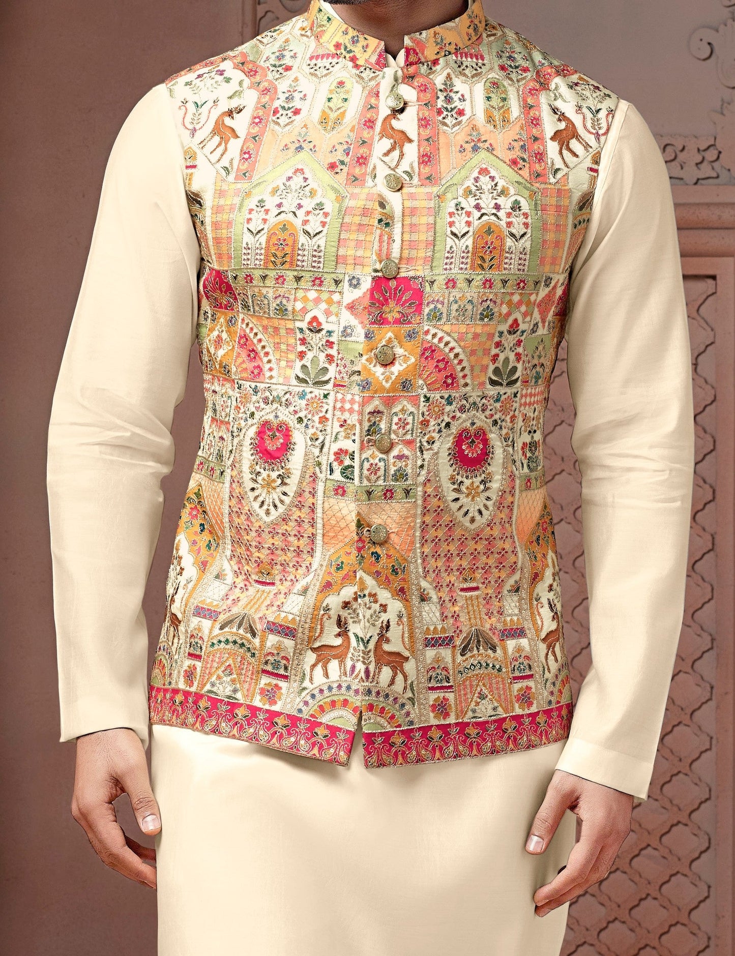 Multi colour Natural soft silk Daman Koti with Vantara corded embroidery and Plain Kurta set