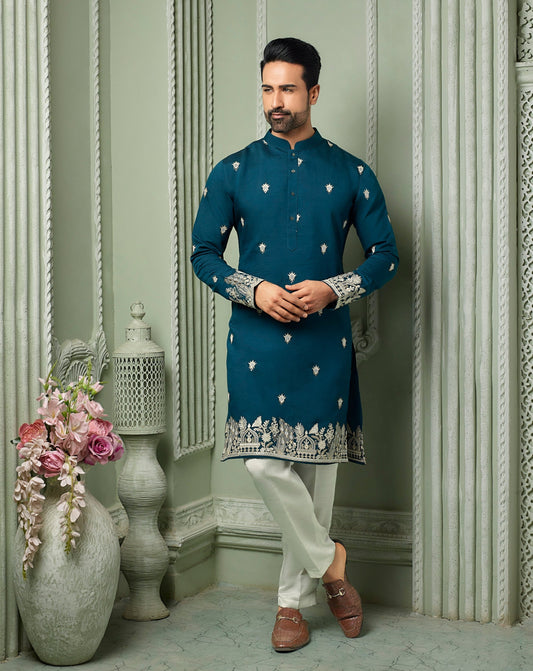 Turkish Blue silk kurta set with threaded embroidery work