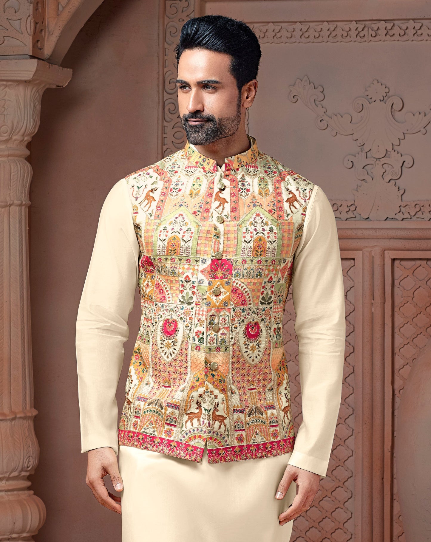 Multi colour Natural soft silk Daman Koti with Vantara corded embroidery and Plain Kurta set