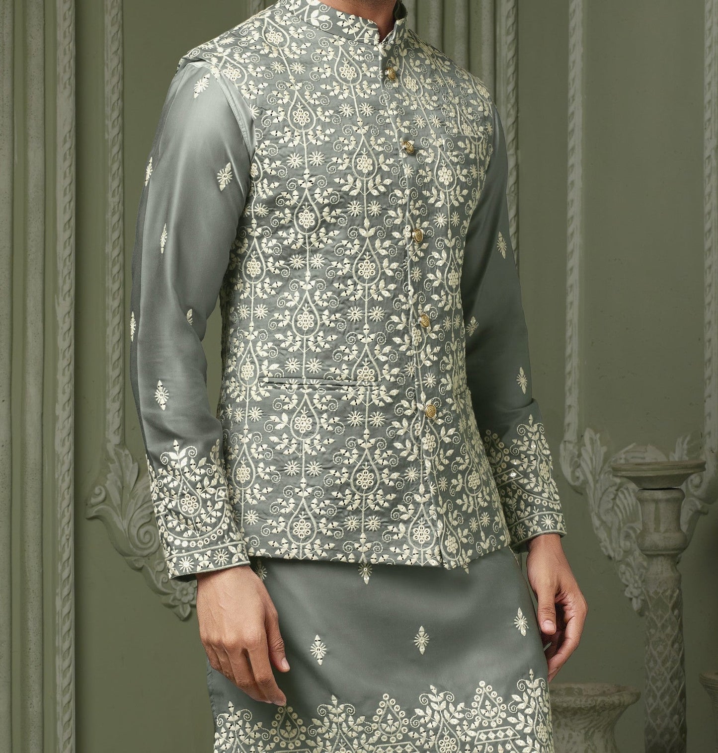 Pista Green silk koti and kurta with threaded embroidery work