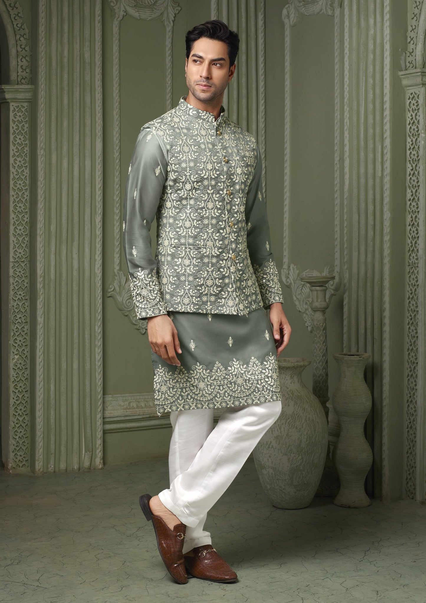 Pista Green silk koti and kurta with threaded embroidery work