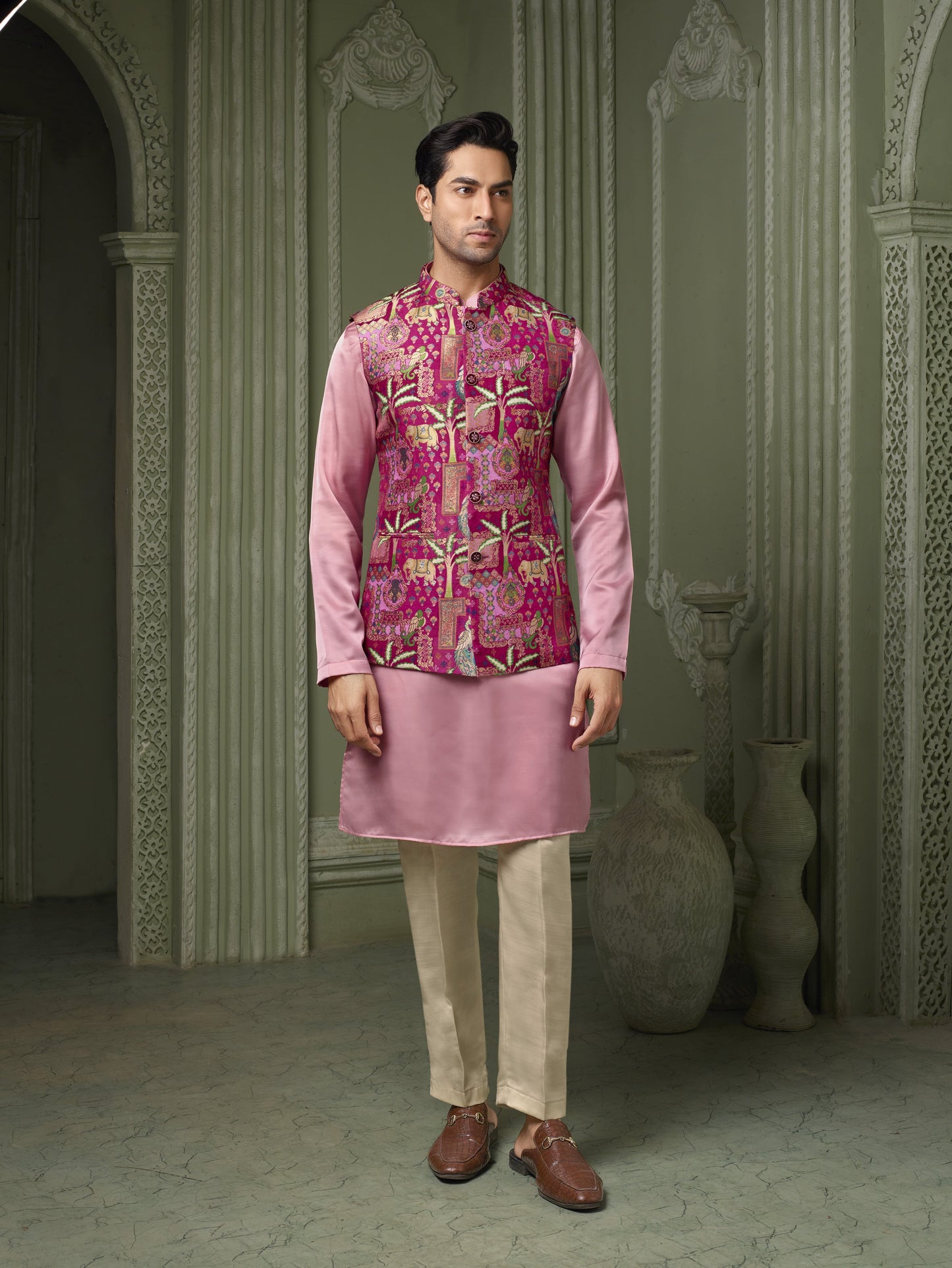 Rani Viscose silk koti with plain baby pink kurta and cream pant