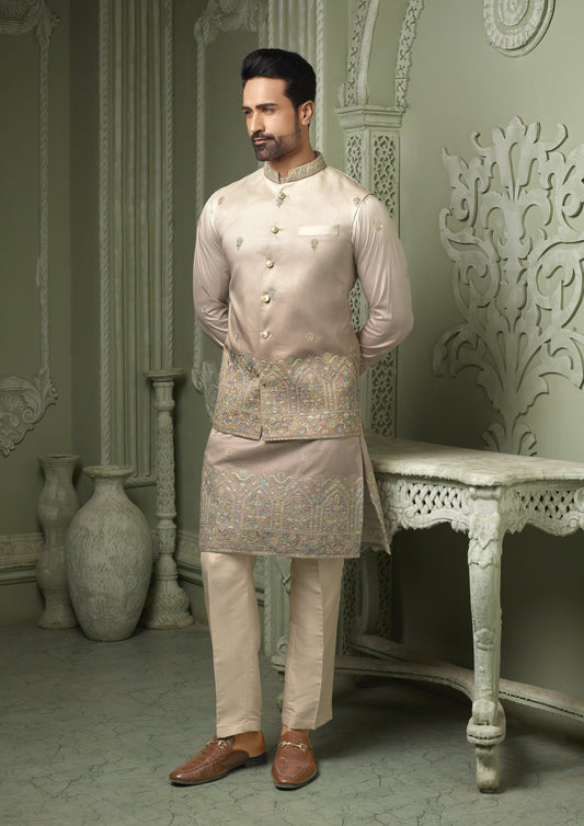 Ivory ombre silk with pestal threaded emmbriodery work