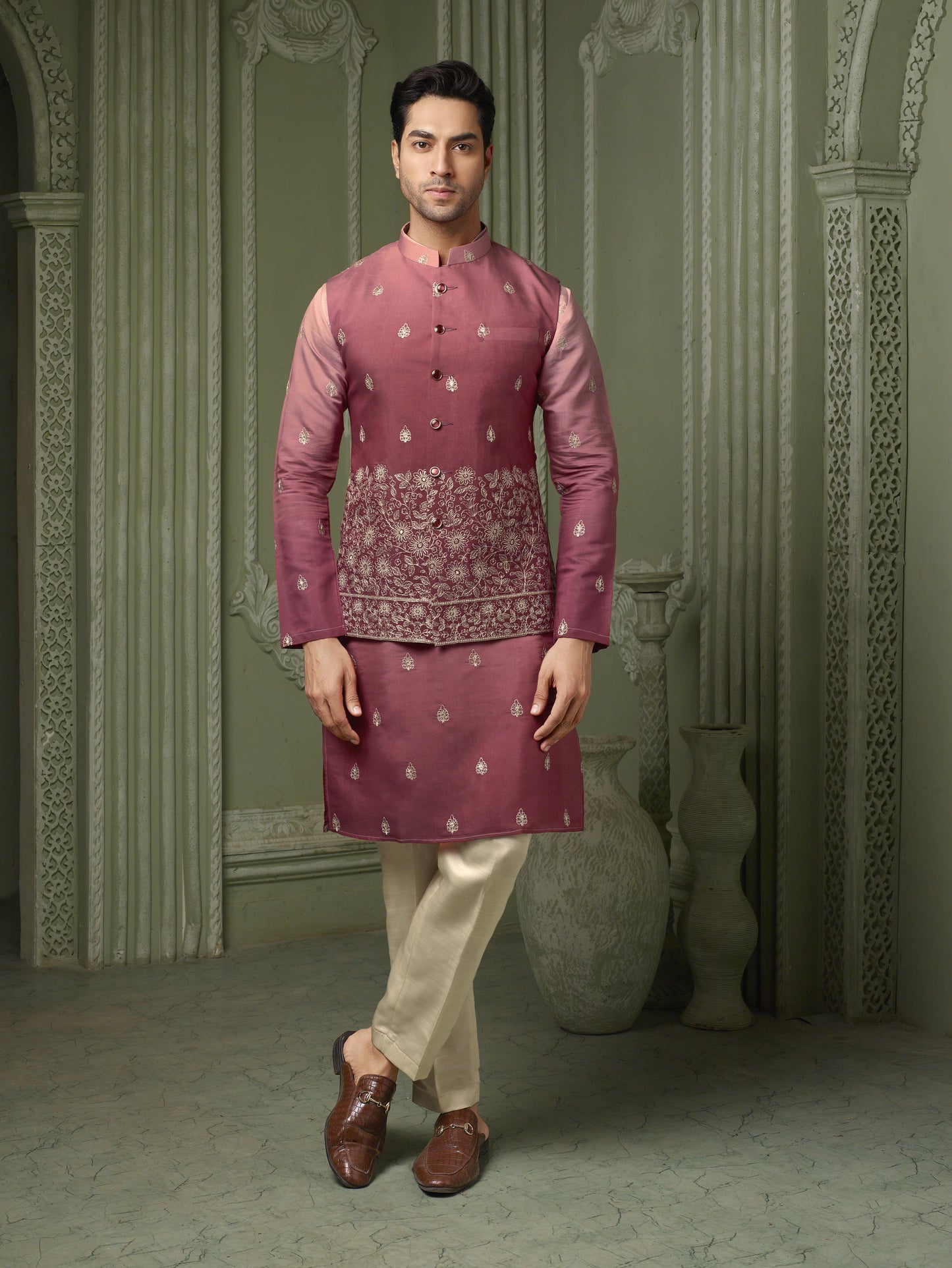 Cherry silk ombre koti and kurta with threaded embroidery work