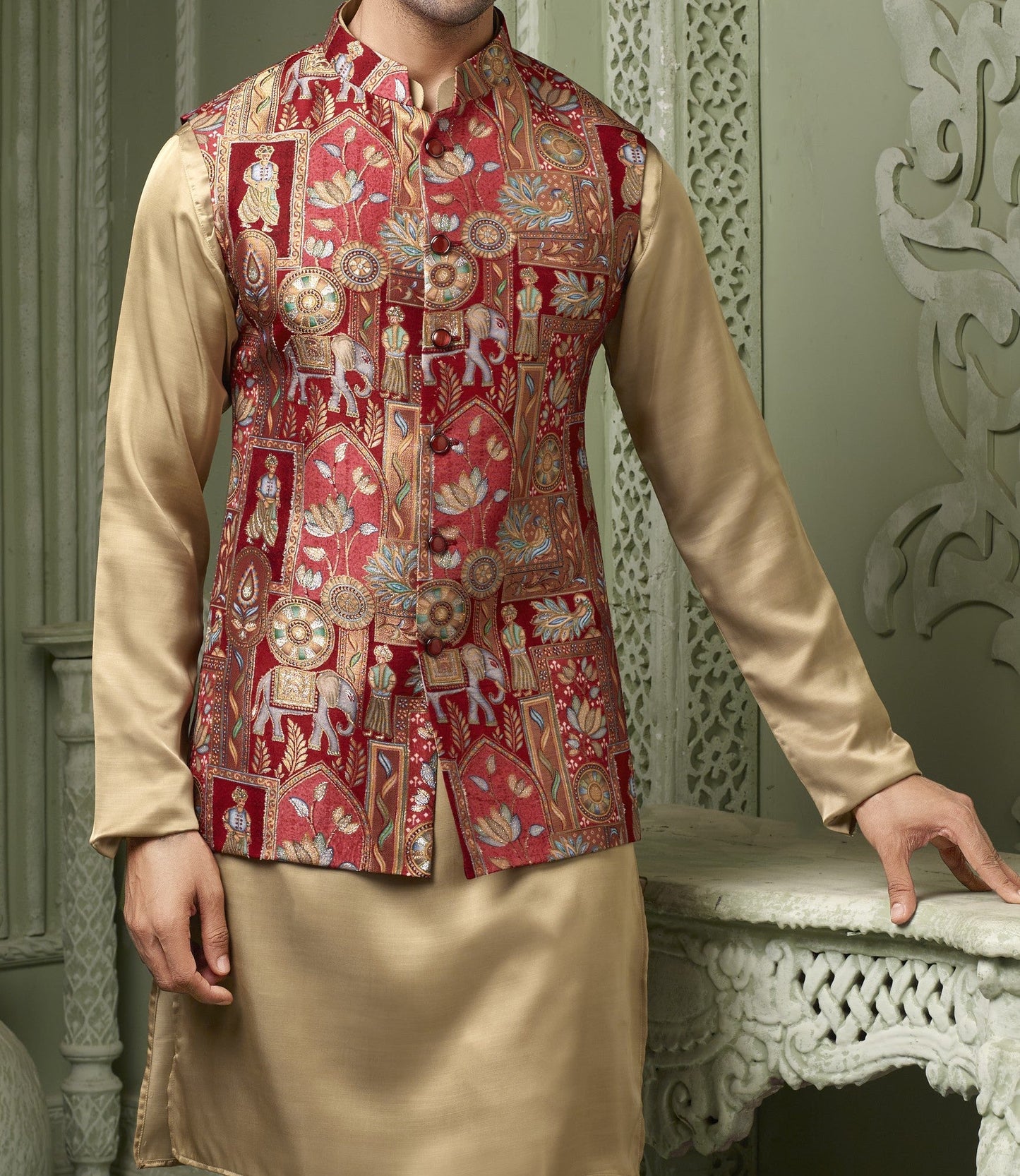 Red Viscose silk koti with plain cream kurta set