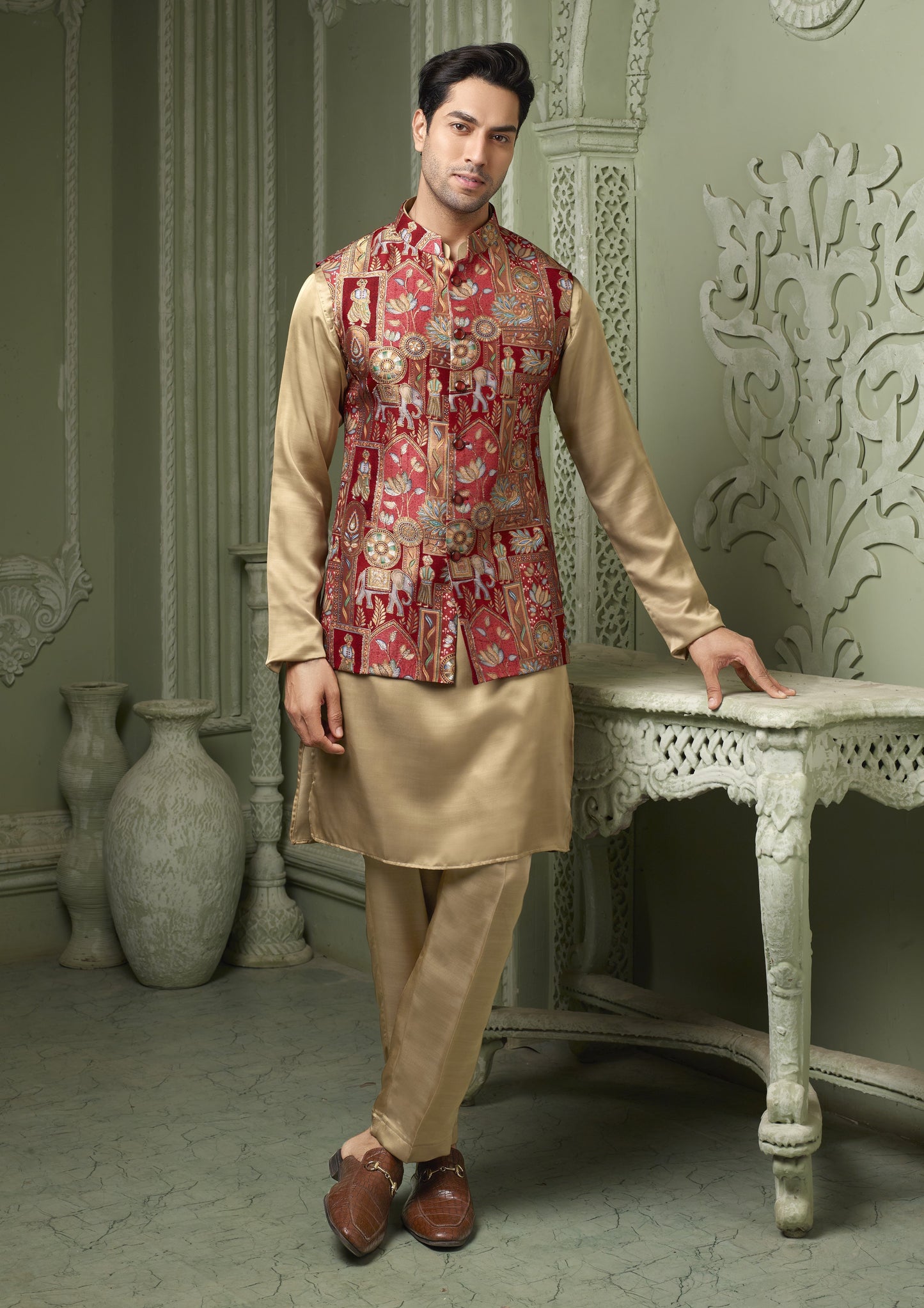Red Viscose silk koti with plain cream kurta set
