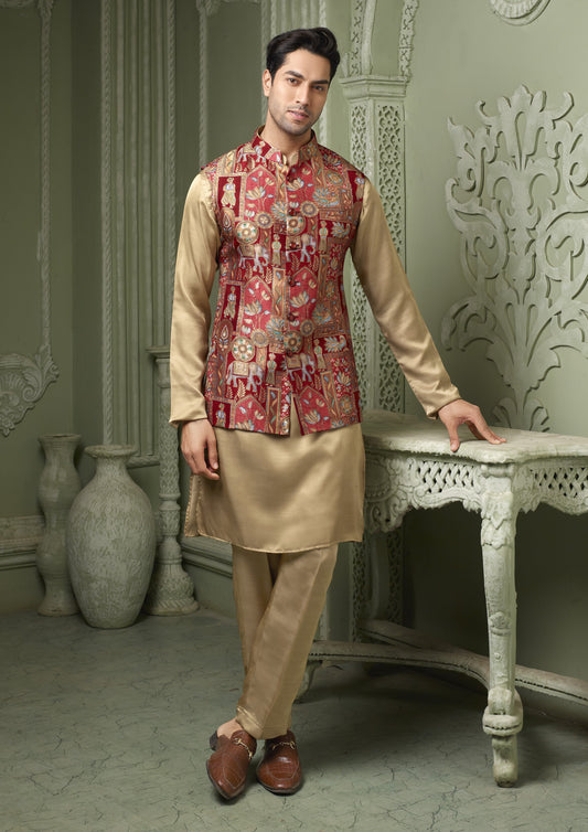 Red Viscose silk koti with plain cream kurta set