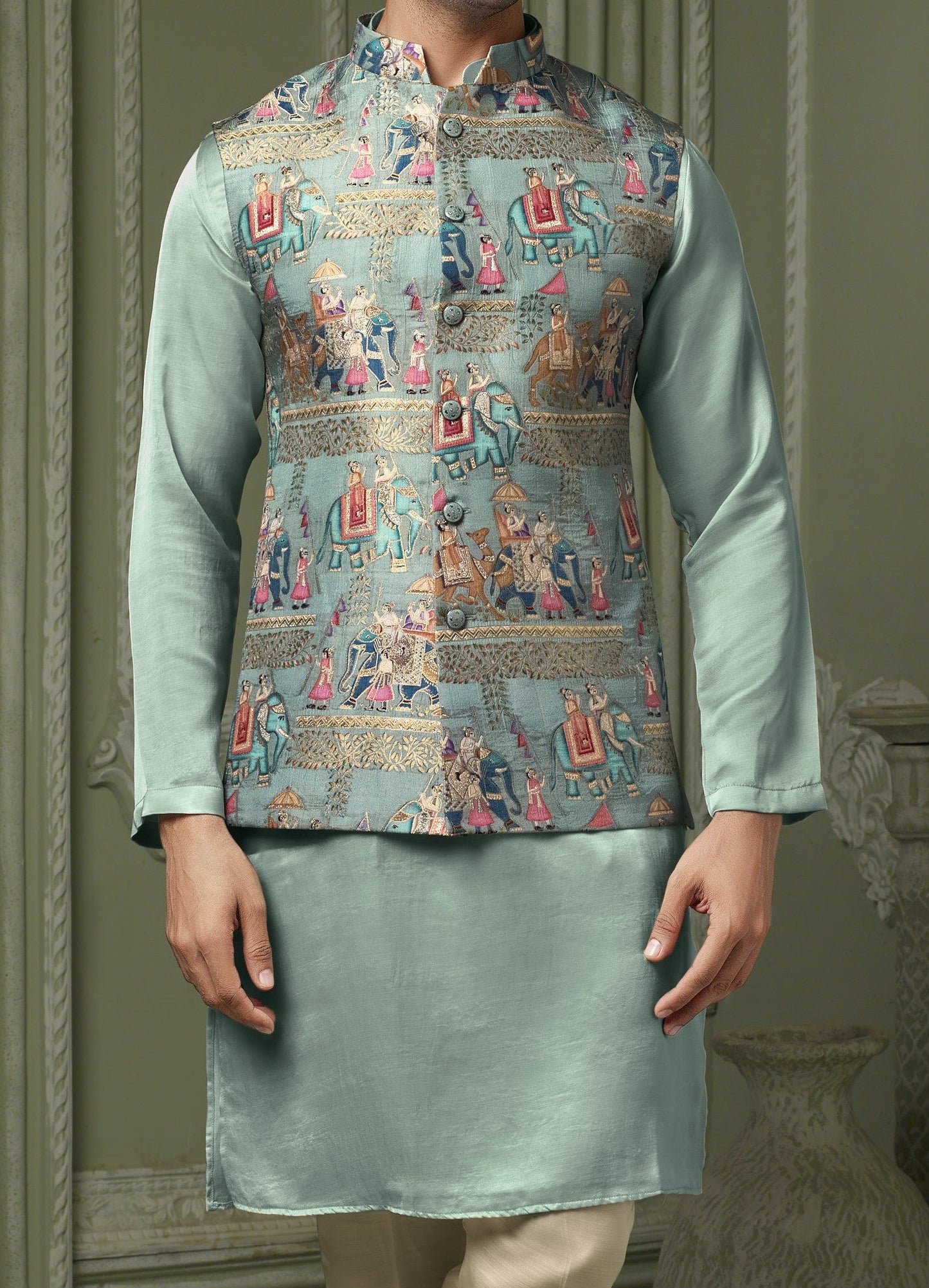 Aqua blue Viscose silk koti with plain kurta and cream pant