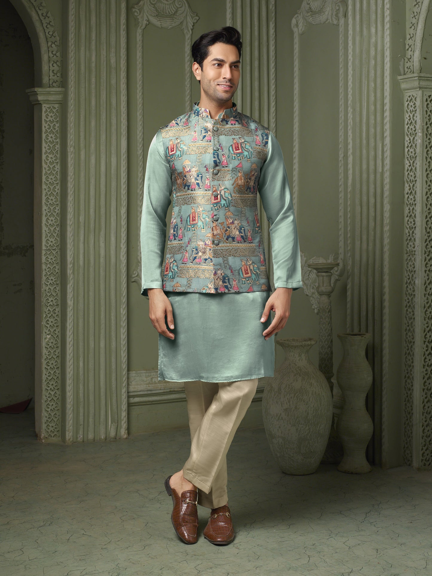 Aqua blue Viscose silk koti with plain kurta and cream pant