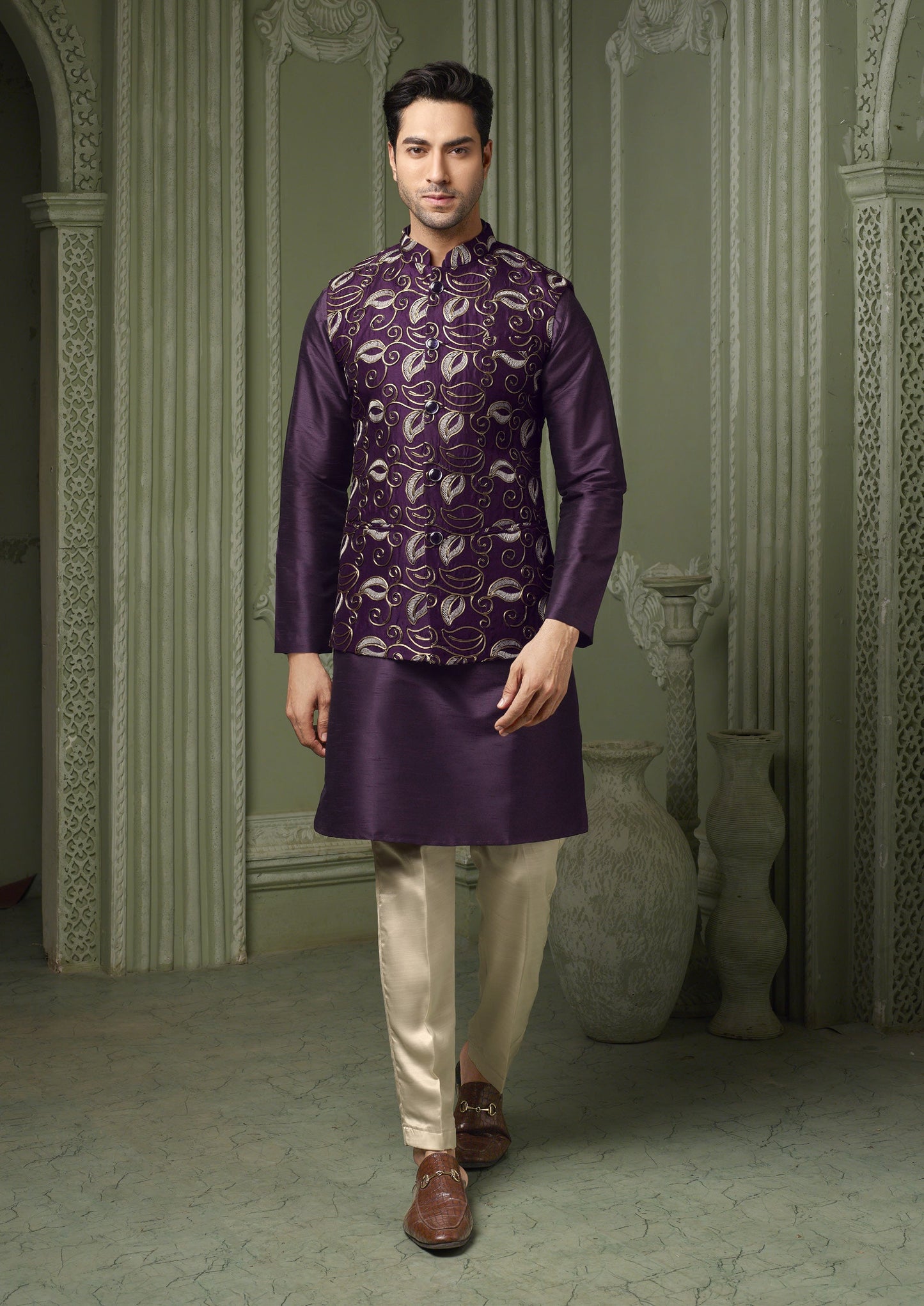 Dark Purple silk koti with plain kurta and cream pant