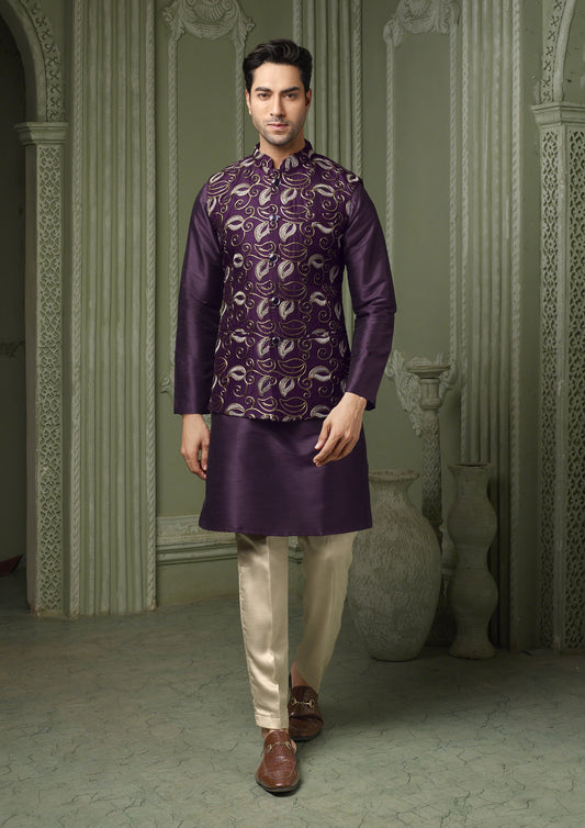Dark Purple silk koti with plain kurta and cream pant