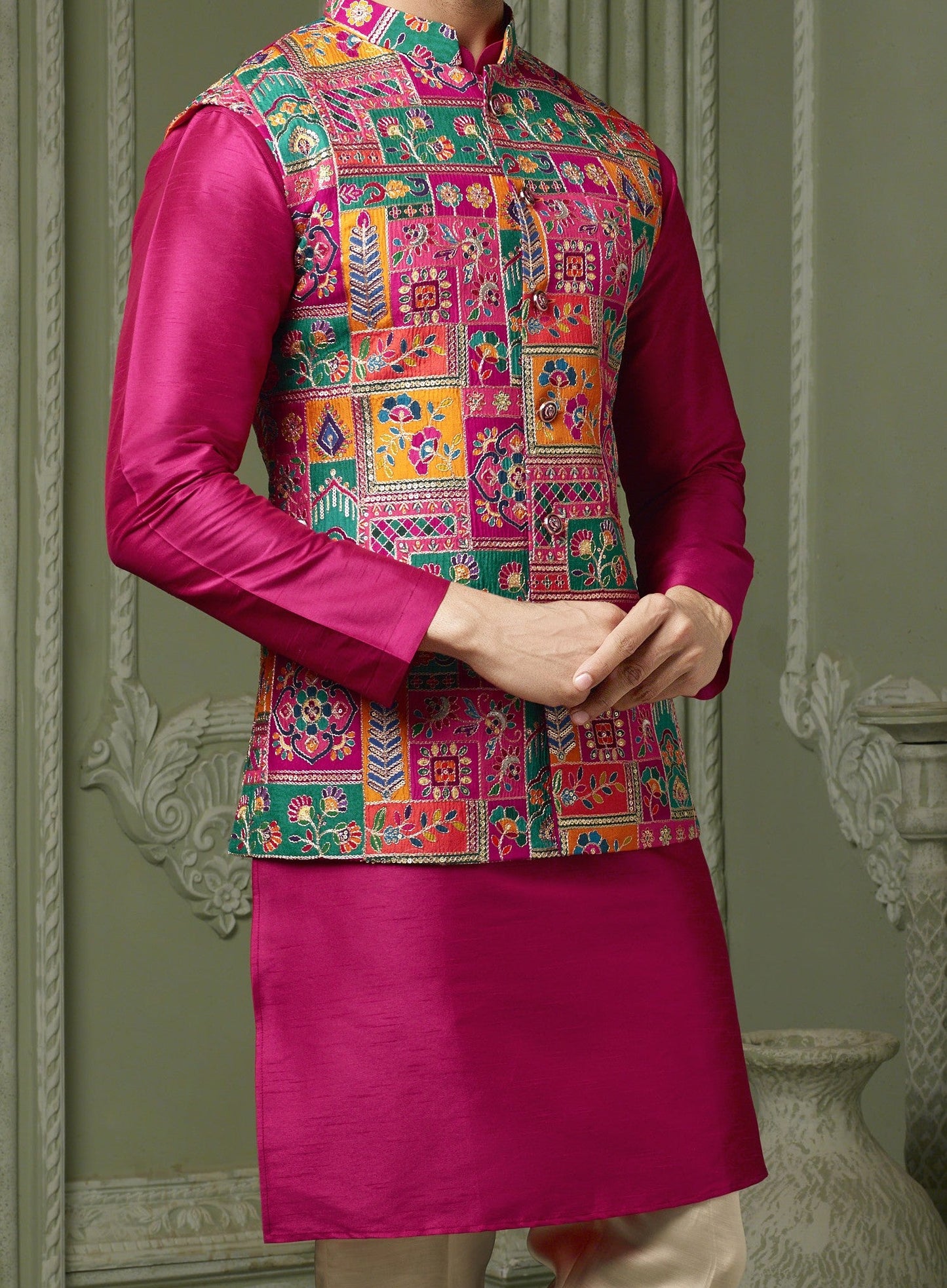 Rani pink  Silk koti with plain kurta and cream pant