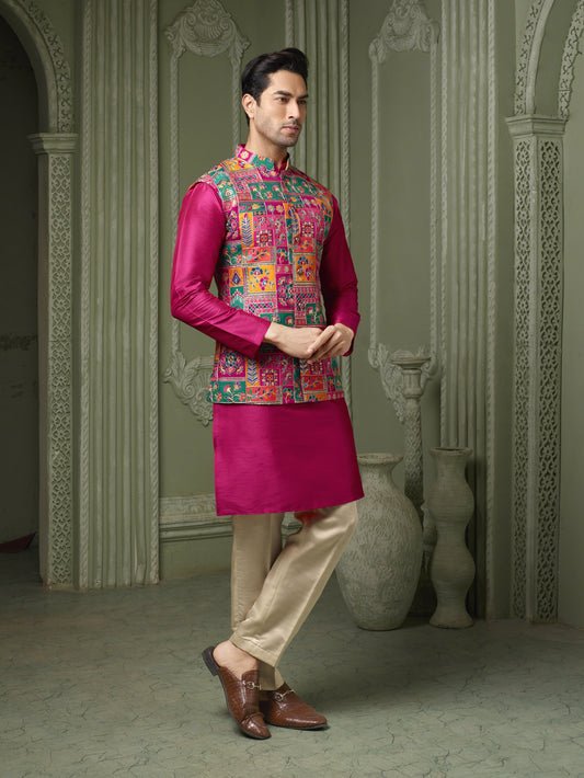 Rani pink  Silk koti with plain kurta and cream pant