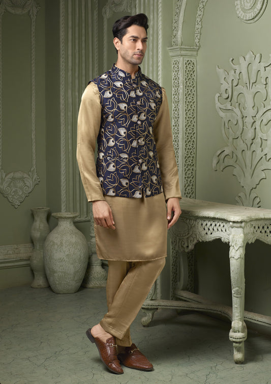 Royal blue silk koti with palin cream kurta set