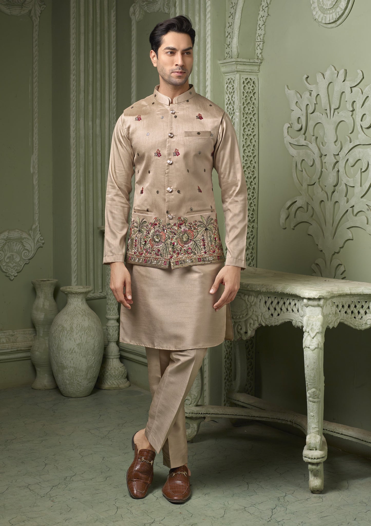 Ivory threaded embriodery silk koti with plain kurta set