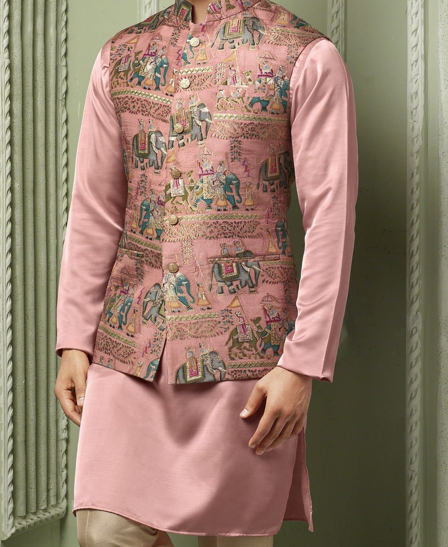 Peach Viscose silk koti with plain kurta and cream pant