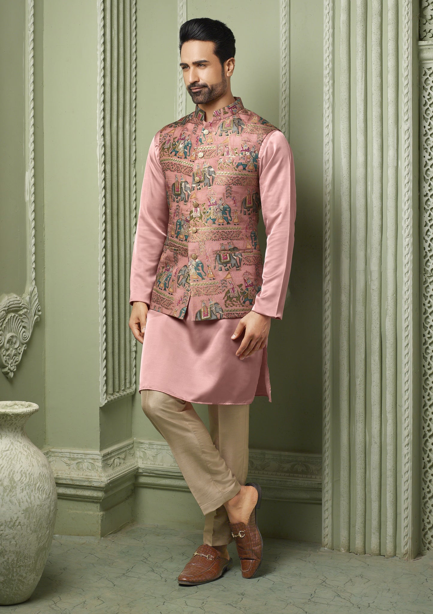 Peach Viscose silk koti with plain kurta and cream pant