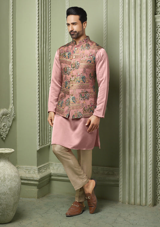 Peach Viscose silk koti with plain kurta and cream pant