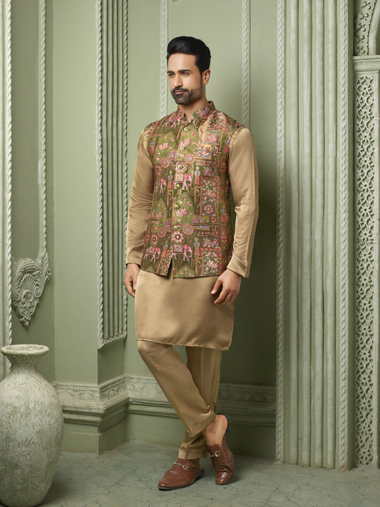 Mehandi green Viscose silk koti with plain kurta set