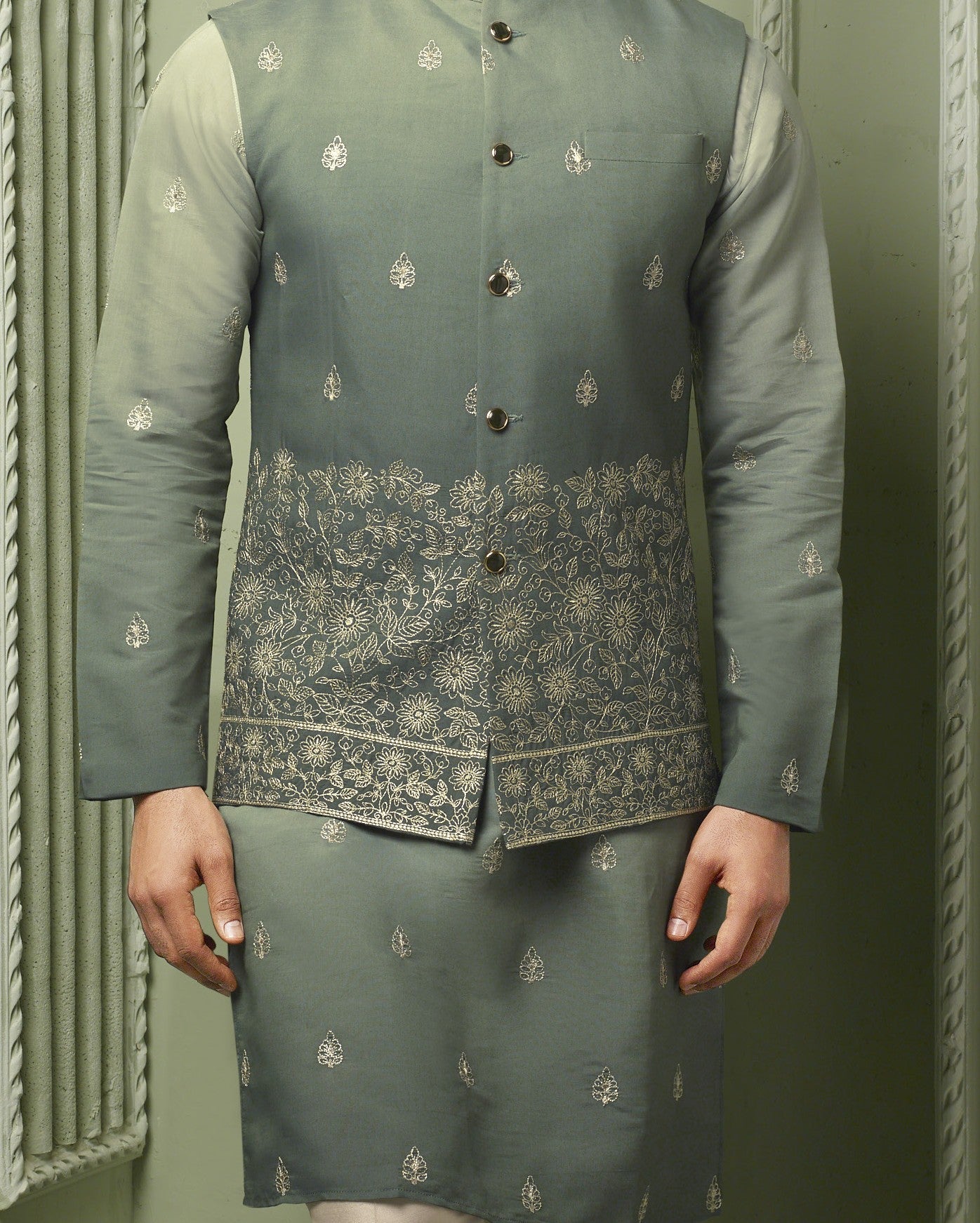 Pista Green shaded silk koti and kurta with threaded embroidery work
