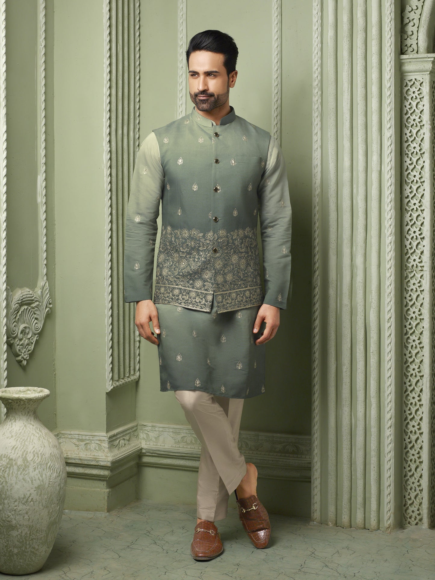 Pista Green shaded silk koti and kurta with threaded embroidery work
