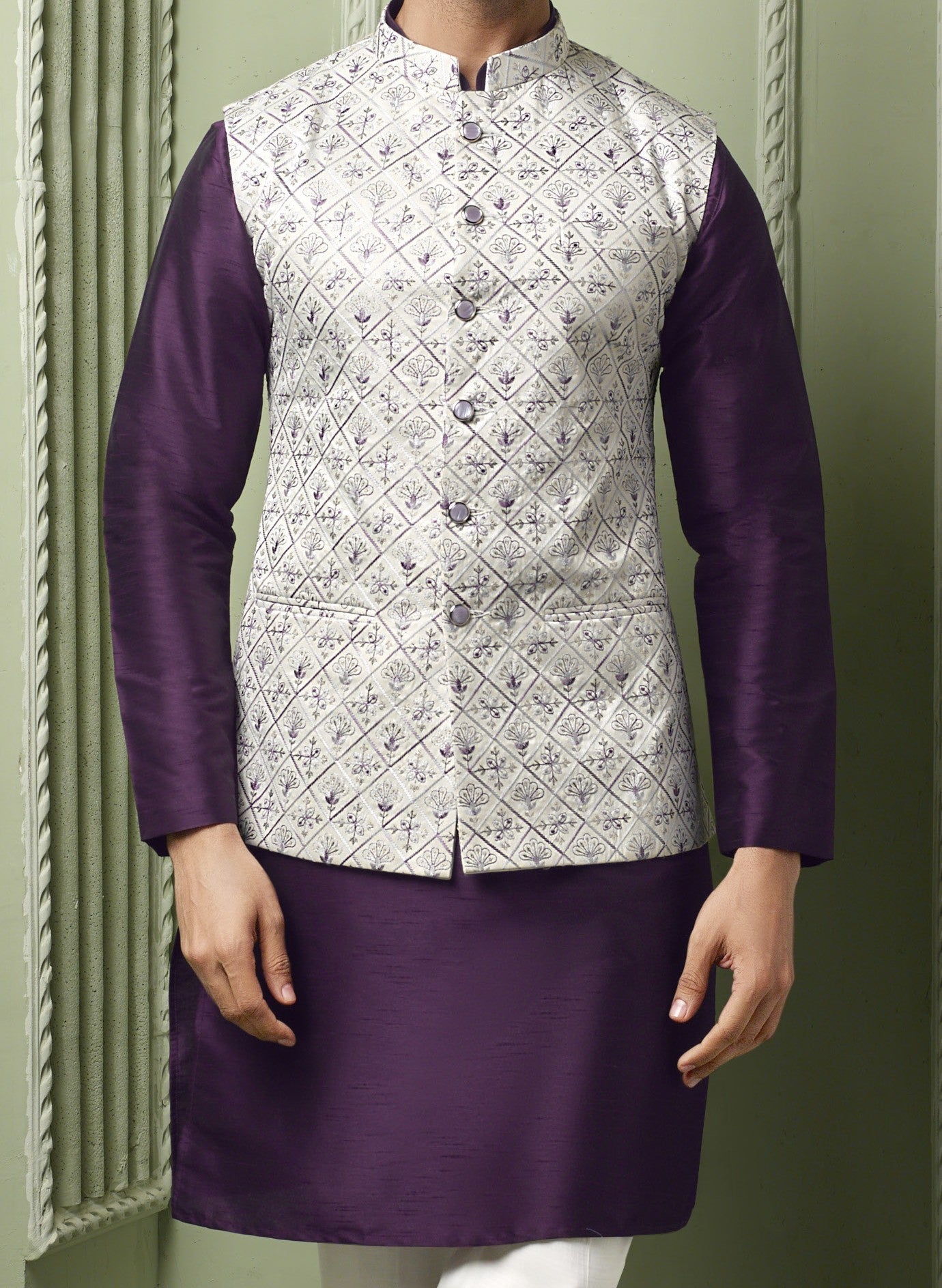 White threaded embriodery silk koti with purple plain kurta and white pant