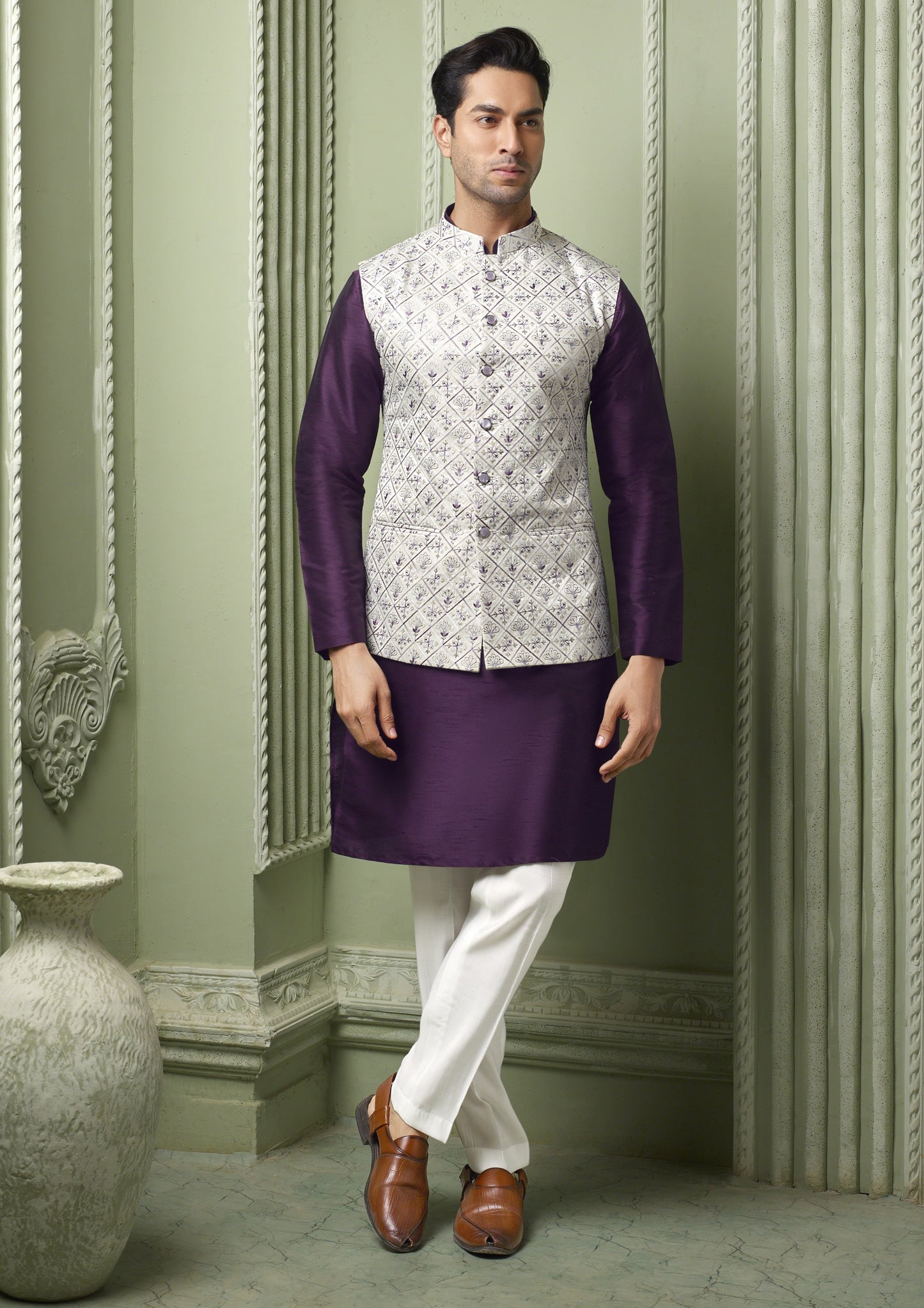 White threaded embriodery silk koti with purple plain kurta and white pant