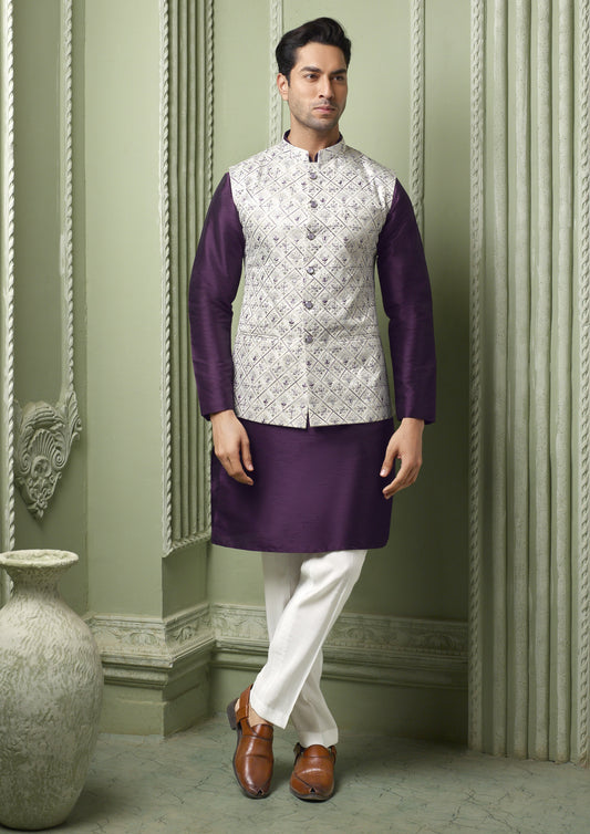 White threaded embriodery silk koti with purple plain kurta and white pant