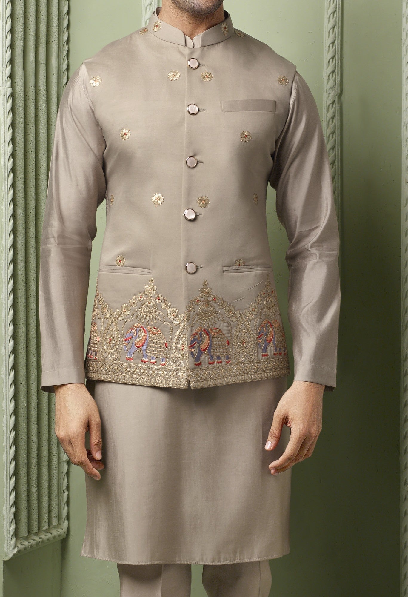 Chicku threaded golden embriodery silk koti with plain kurta set