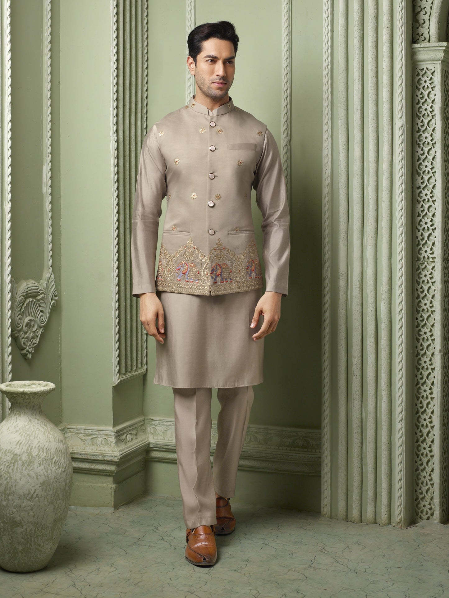 Chicku threaded golden embriodery silk koti with plain kurta set