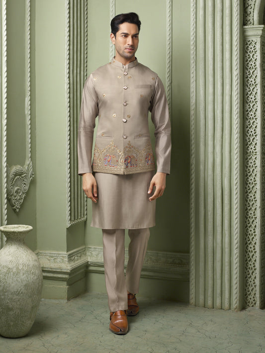 Chicku threaded golden embriodery silk koti with plain kurta set