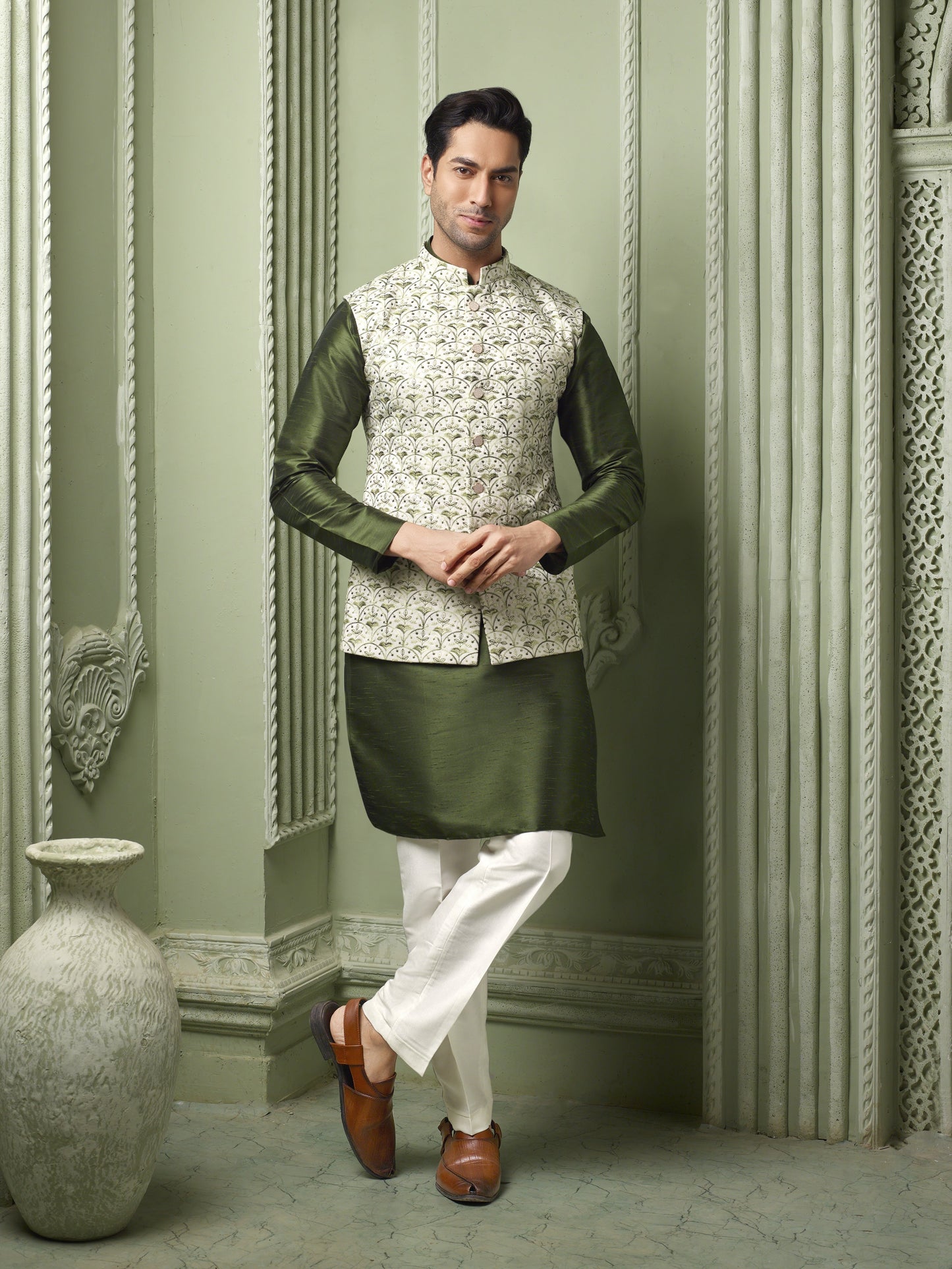 Green threaded embriodery silk koti with purple plain kurta and white pant