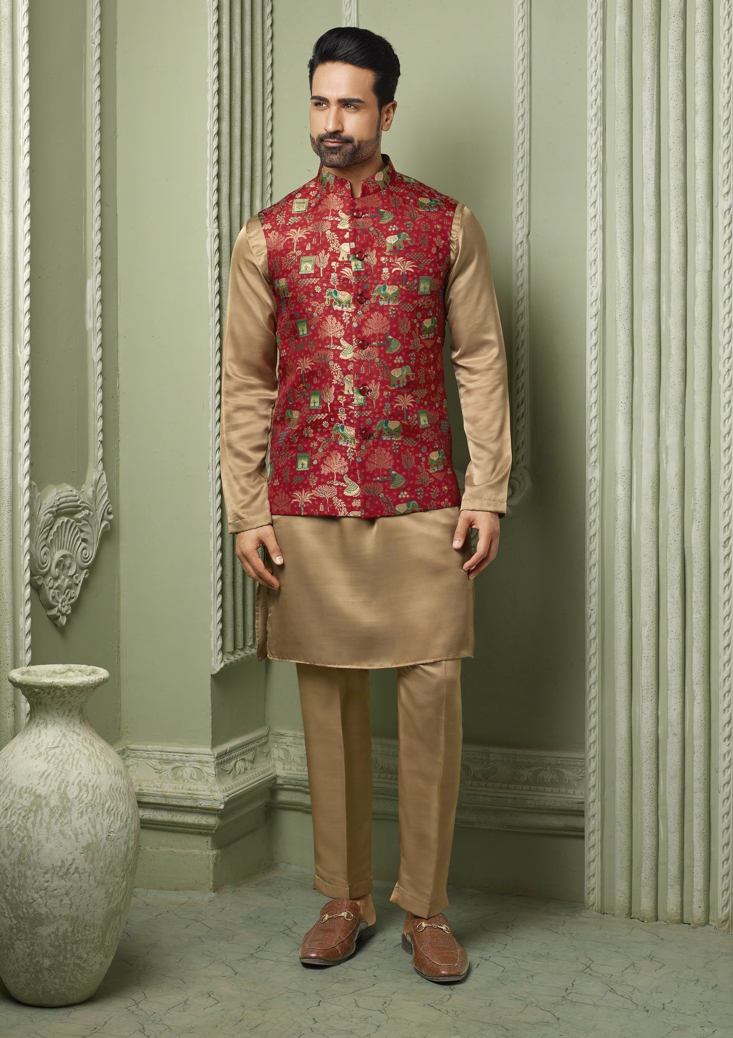 Red Viscose silk koti with pink kurta set